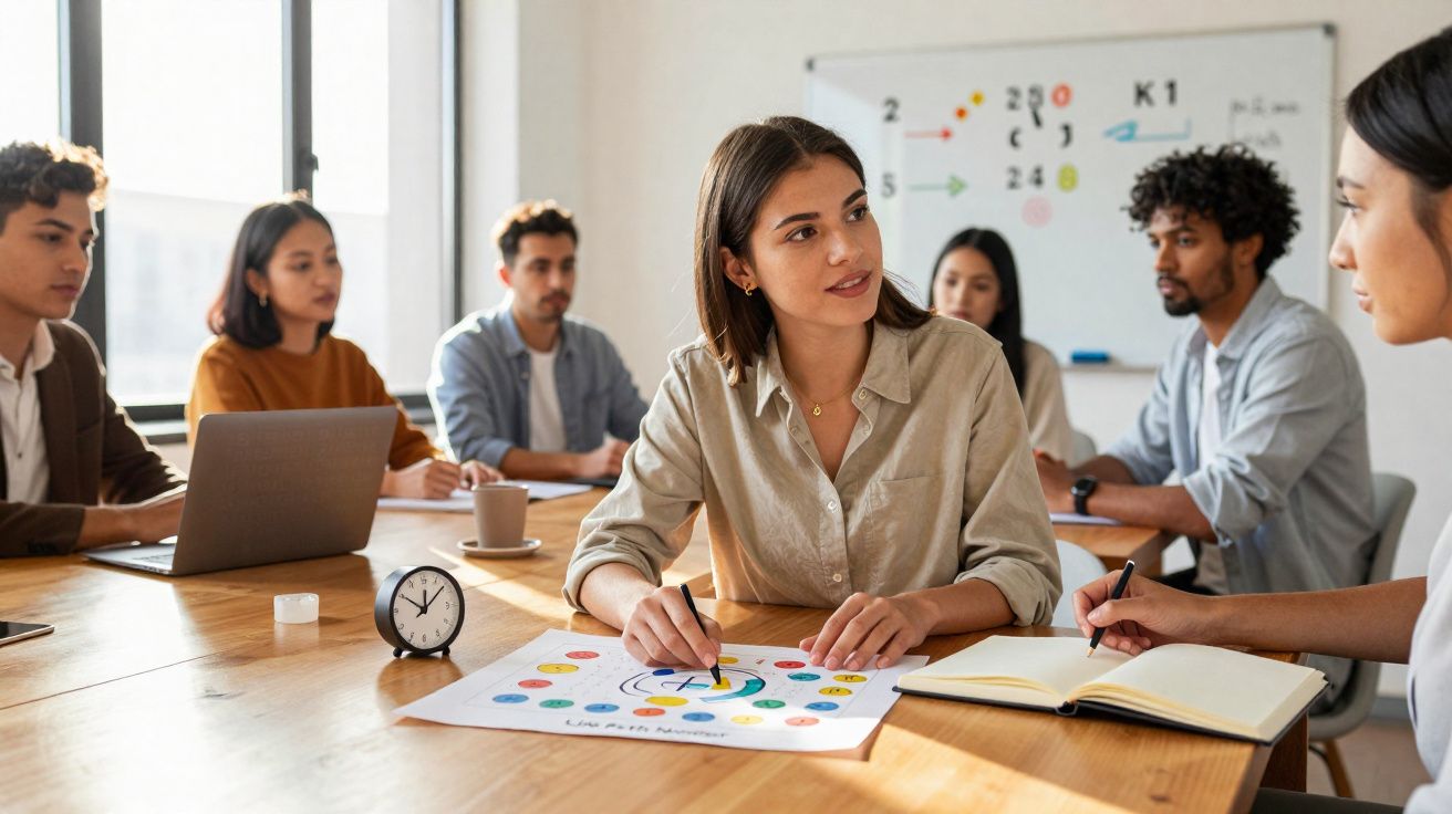 Grupo de jovens em reunião discutindo estratégias com gráficos e anotações em sala iluminada.