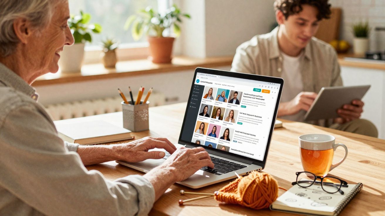 Pessoa idosa usando laptop em mesa com itens de tricô, chá e outra pessoa jovem usando tablet ao fundo.