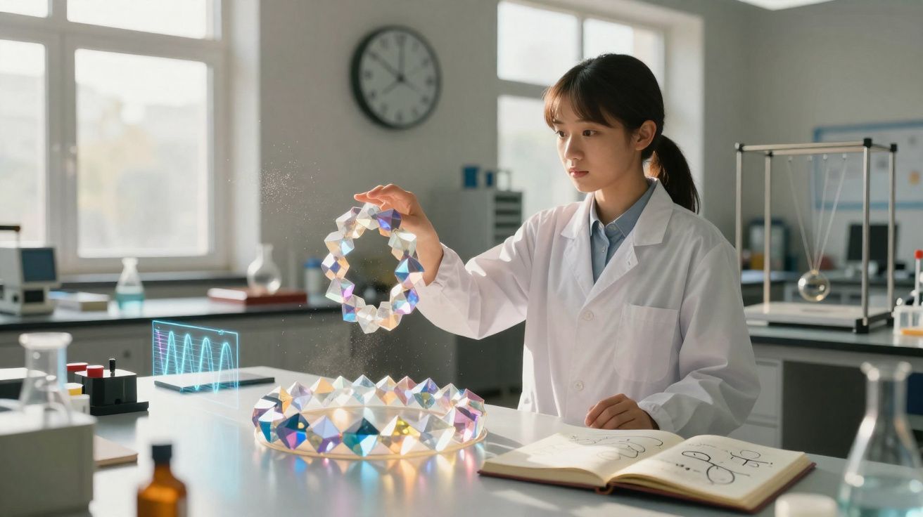 Mulher cientista em laboratório manipulando modelo 3D holográfico de estrutura molecular colorida.