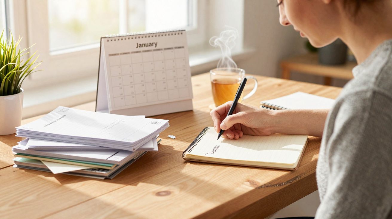 Pessoa escrevendo em caderno ao lado de pilha de papéis, calendário de janeiro e xícara de chá com vapor.