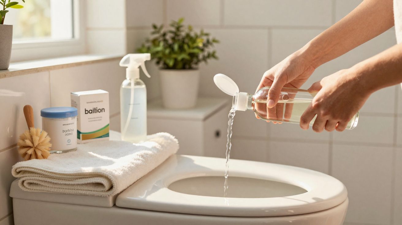 Mãos despejando produto de limpeza em sanitário com toalhas, escova e plantas ao fundo em banheiro iluminado.