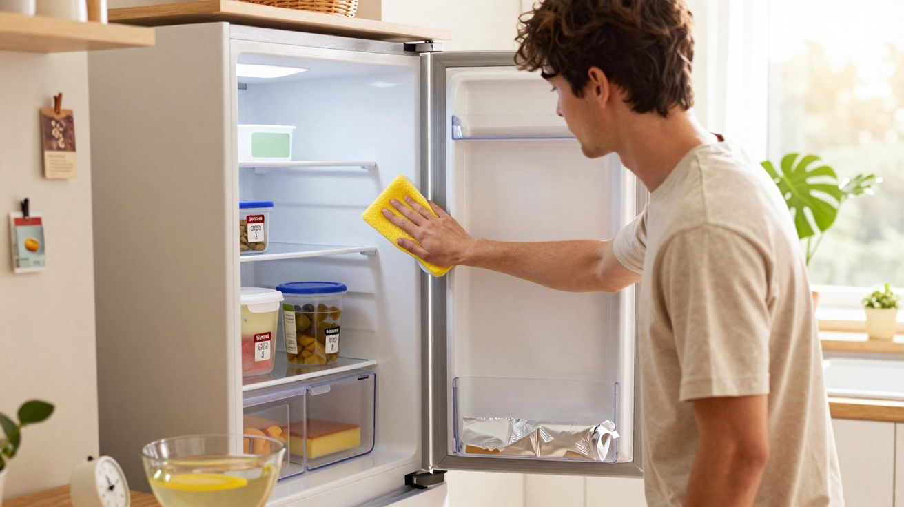 Homem limpando a porta interna da geladeira com um pano amarelo na cozinha iluminada.