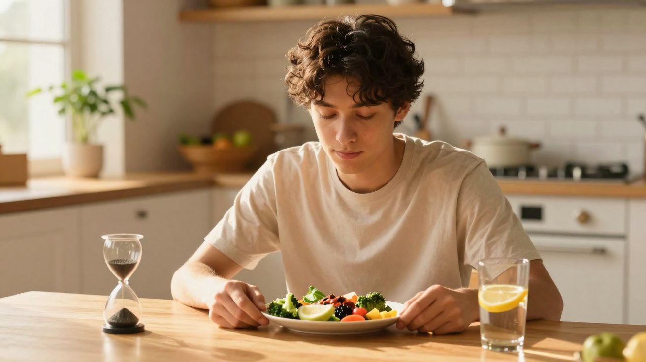 Jovem sentado à mesa em cozinha iluminada, olhando prato com salada e copo de água com limão.