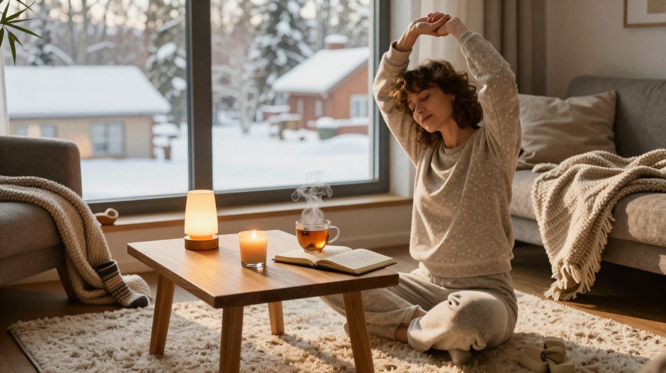 Mulher sentada no tapete, esticando os braços, com chá, vela e livro em mesa baixa, janela com neve ao fundo.