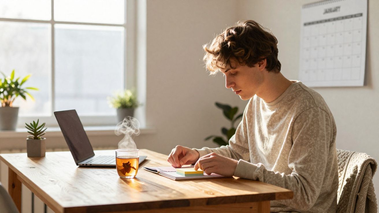 Jovem concentrado escrevendo em caderno em mesa com laptop e chá quente em ambiente iluminado natural.