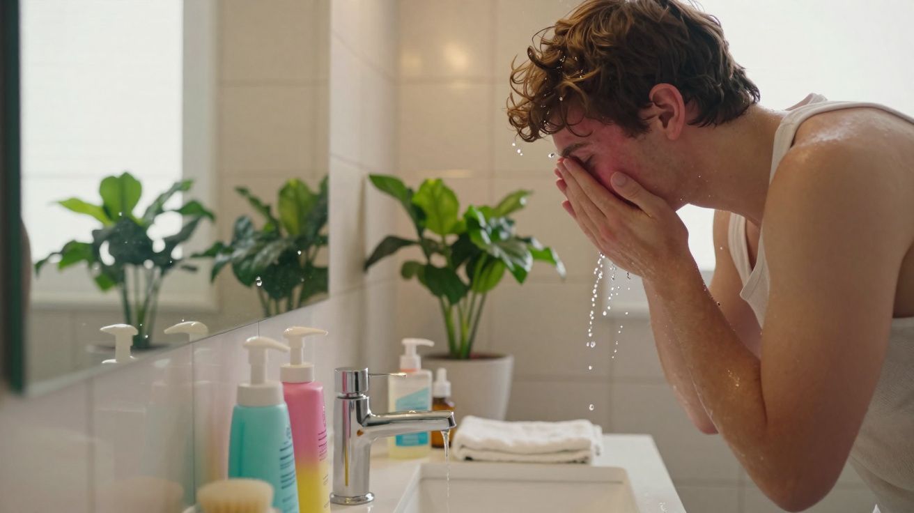 Homem lavando o rosto com água em banheiro iluminado e plantas no fundo.