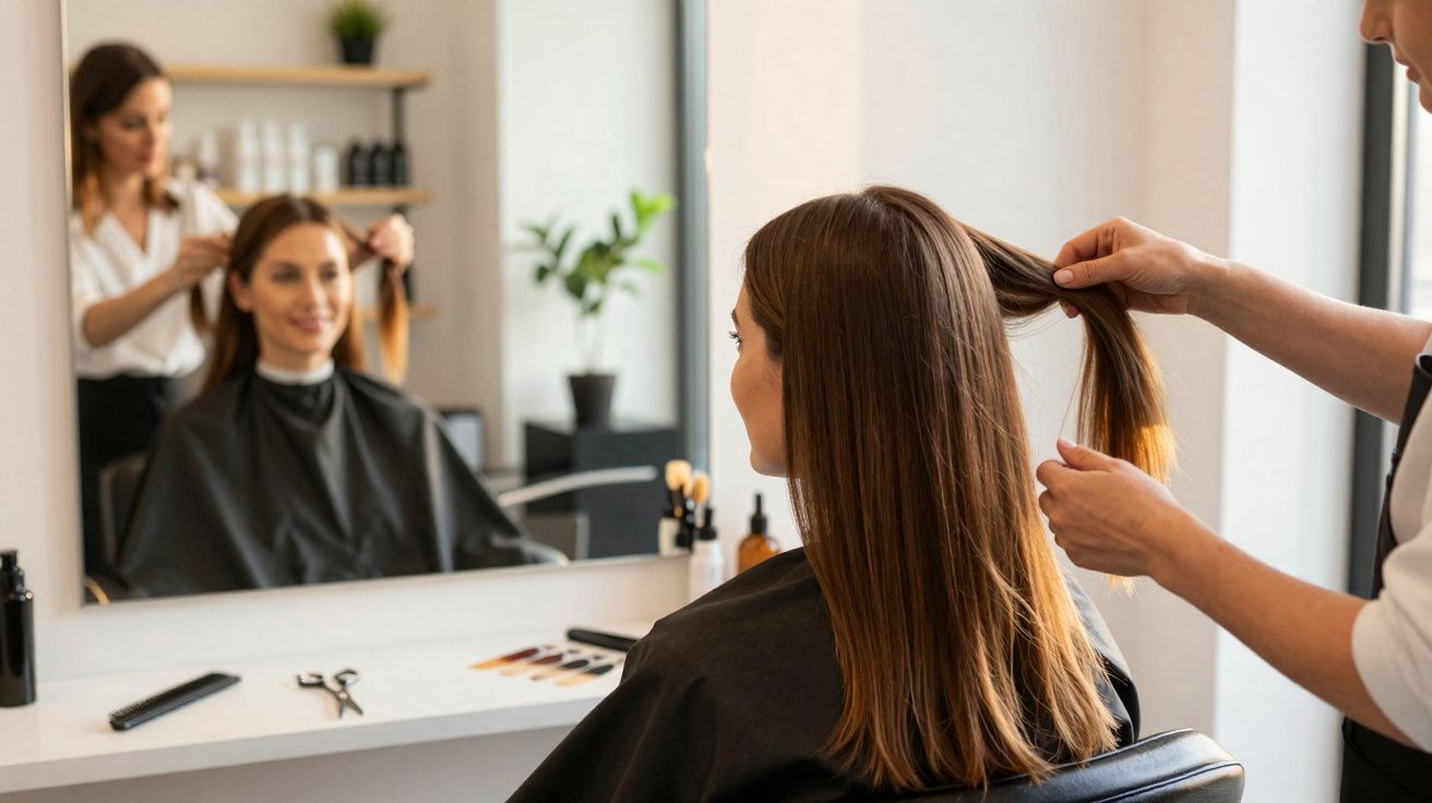 Mulher sentada em cadeira de salão de beleza enquanto cabeleireiro separa seu cabelo para corte.