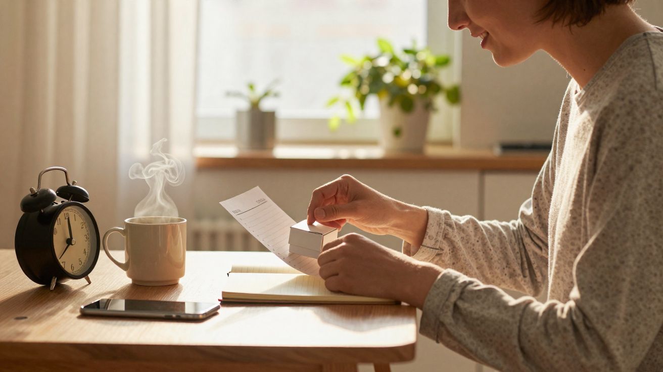 Pessoa carimbando documento em mesa com café, celular e relógio despertador ao lado em ambiente iluminado.