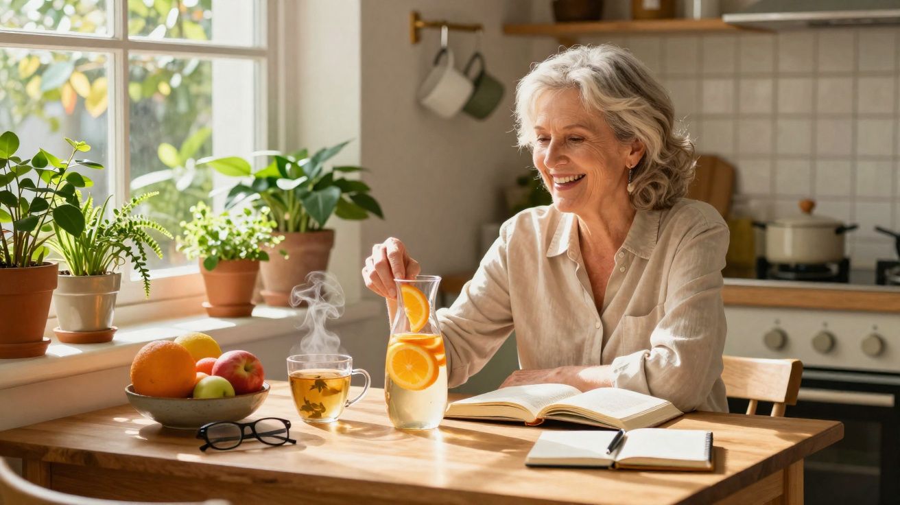 Mulher idosa sorrindo, sentada à mesa com livro, chá quente e jarra de água com laranja na cozinha iluminada.