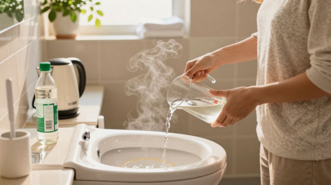 Pessoa despejando água quente em vaso sanitário dentro de um banheiro iluminado e arejado.