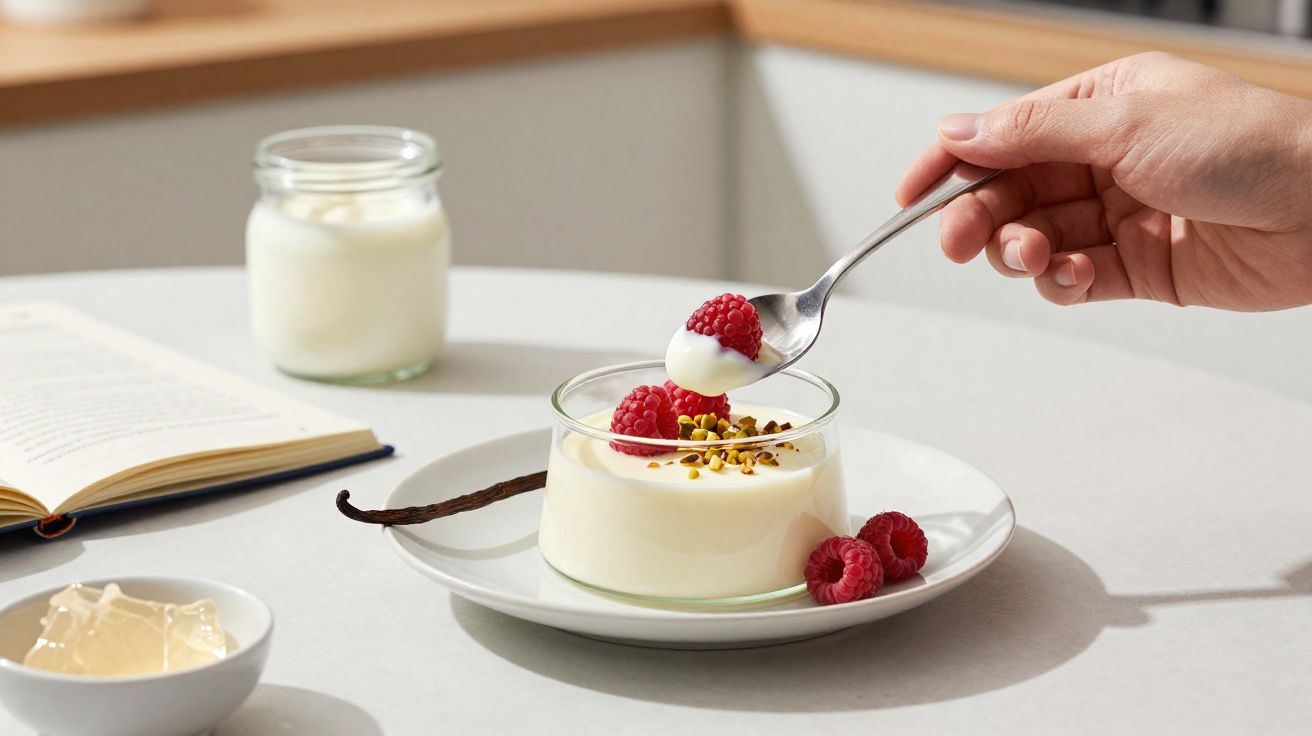 Mão segurando colher com iogurte e framboesas em pote de vidro sobre prato branco, com livro e jarro ao fundo.