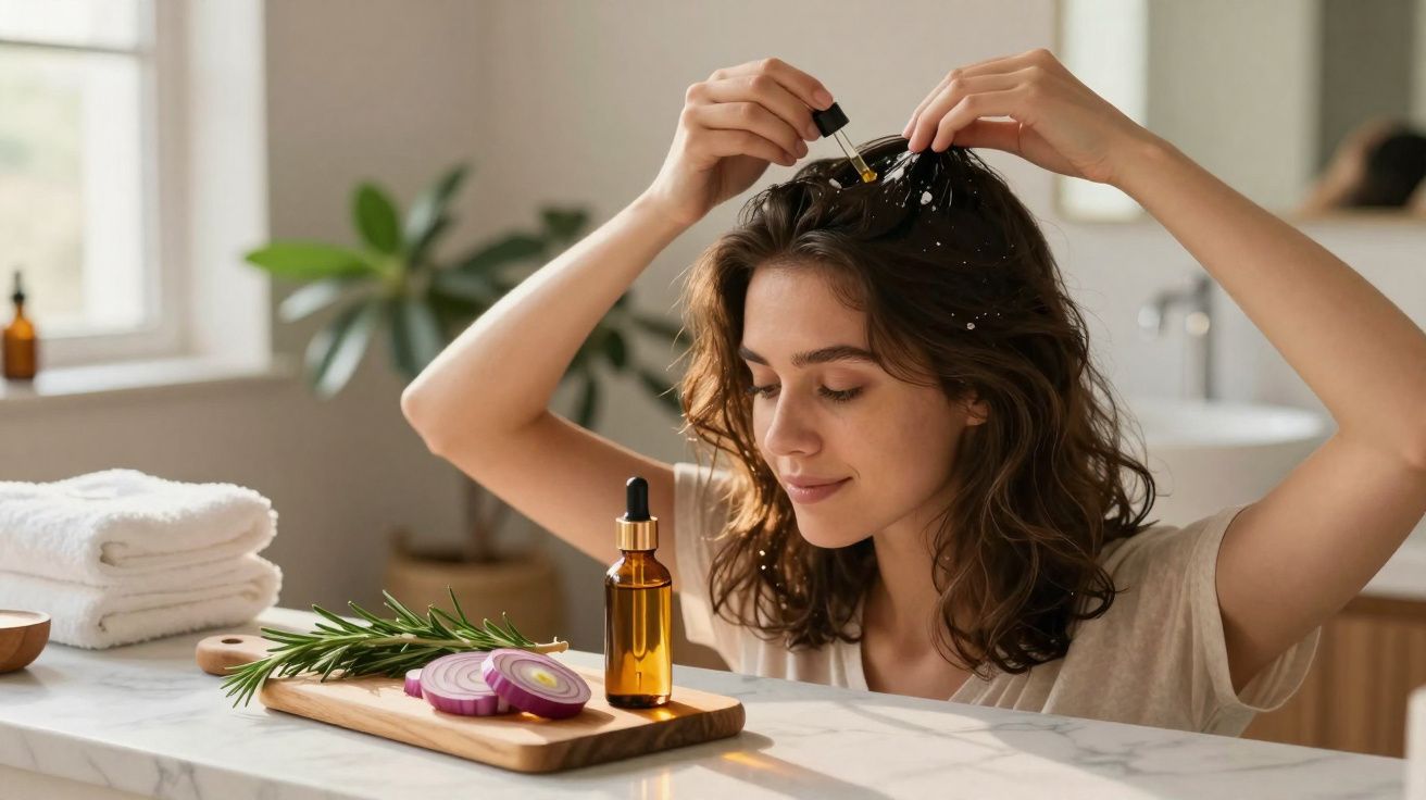 Mulher aplicando óleo capilar com conta-gotas, sobre a cabeça, em ambiente claro e natural.