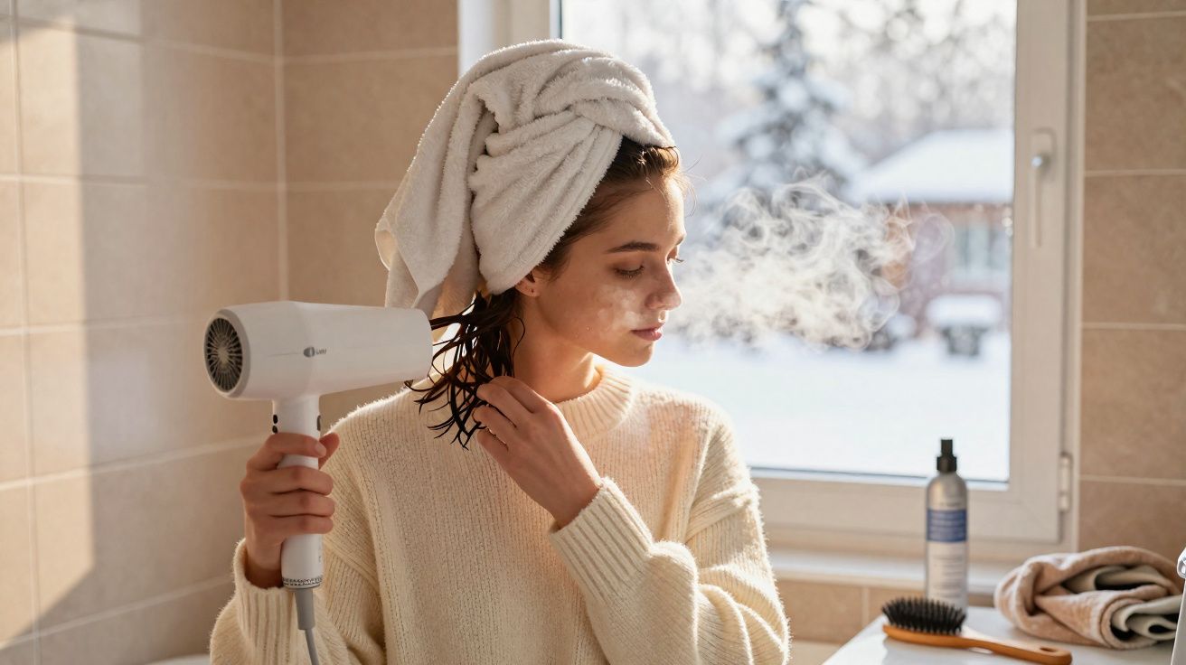 Mulher secando cabelo com secador em banheiro iluminado, com toalha na cabeça e fundo de janela com neve.