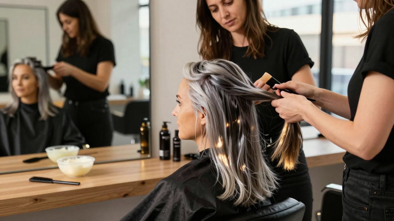Cabeleireira preparando cabelo loiro de mulher em salão moderno com espelho e produtos ao fundo.