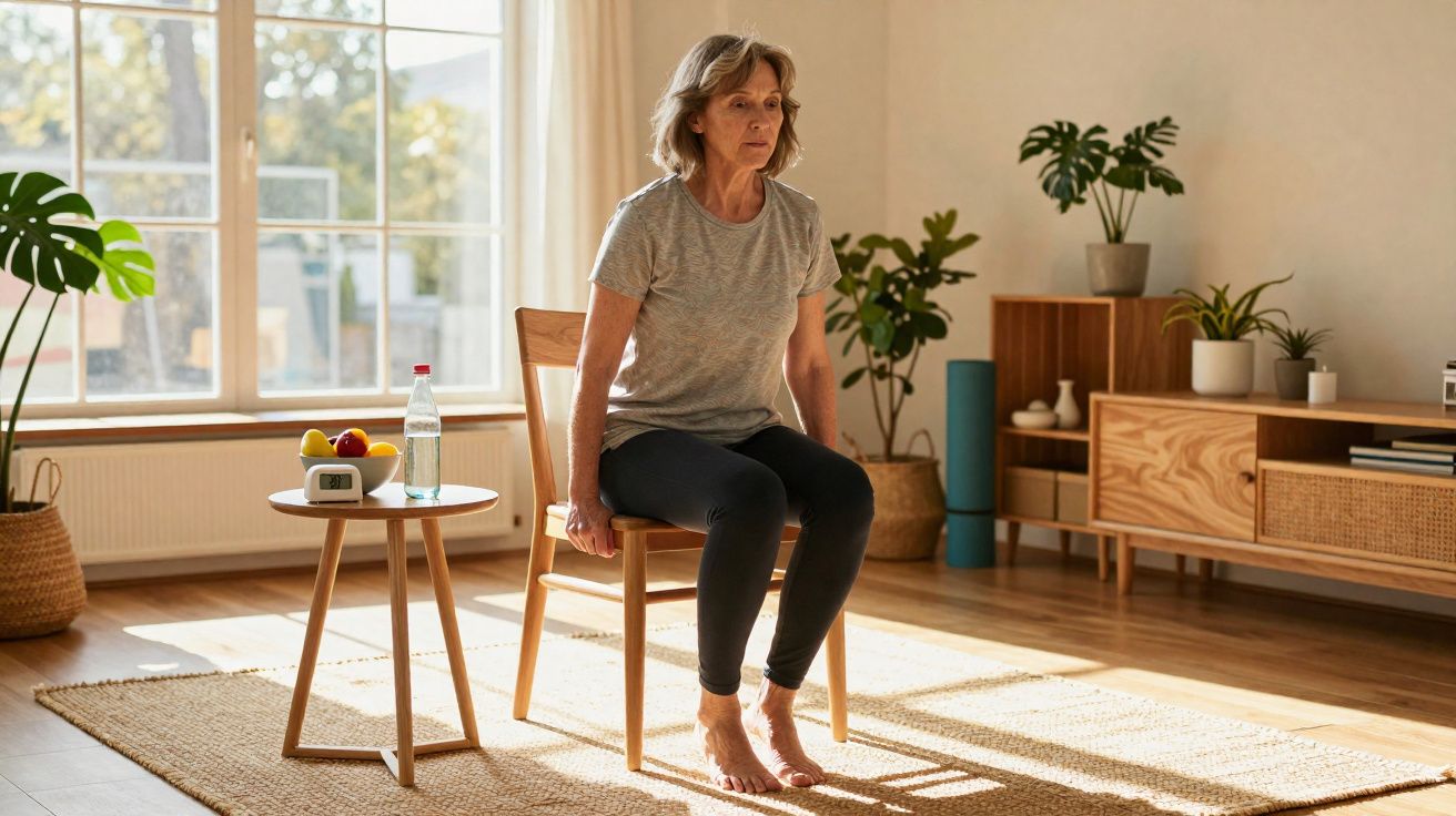 Mulher praticando exercícios de fortalecimento usando cadeira em sala iluminada e espaçosa.