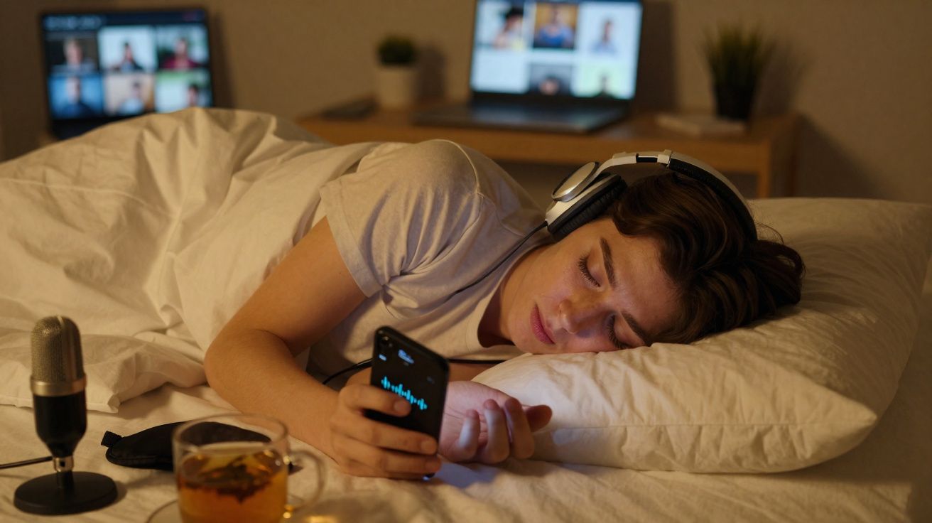 Pessoa deitada na cama, usando fones e segurando celular, com microfone e chá ao lado, luz baixa e tela ao fundo.