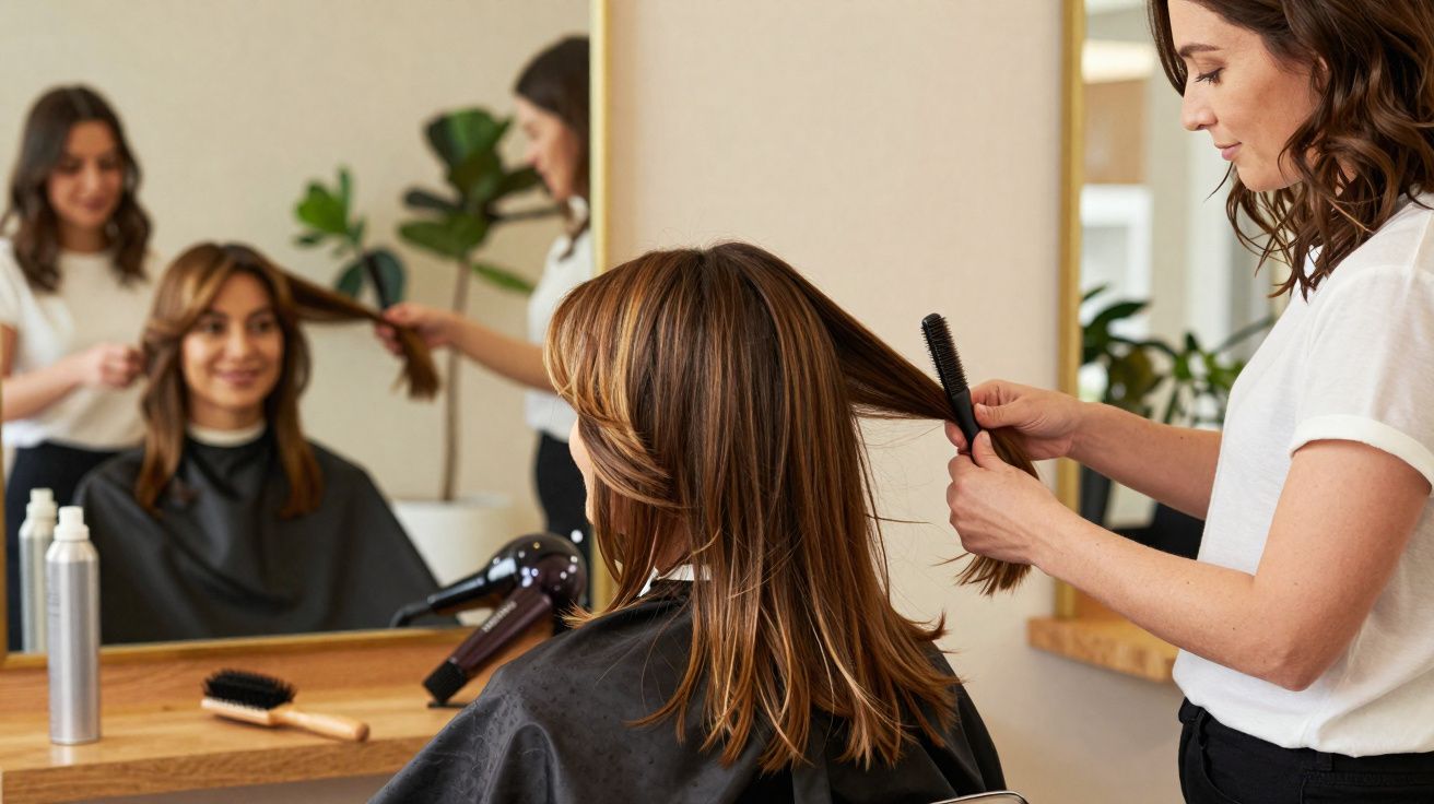 Cliente sentada em salão de beleza enquanto cabeleireira penteia seu cabelo castanho claro.