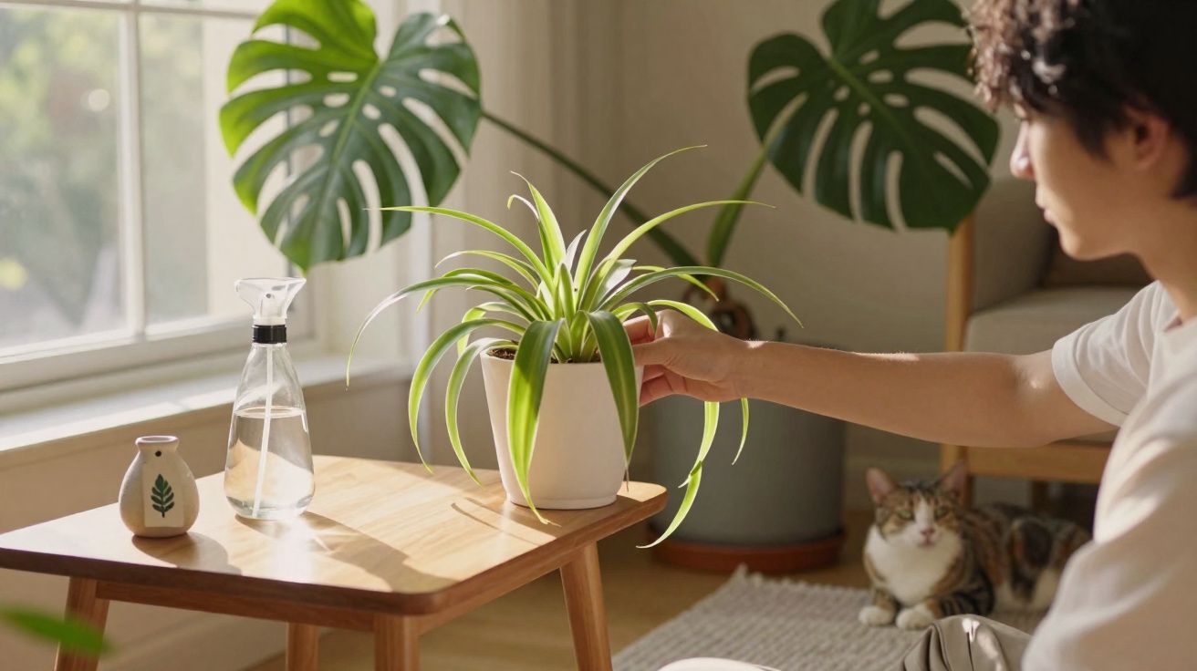 Pessoa cuidando de planta em vaso sobre mesa de madeira perto de janela, com gato ao fundo em ambiente iluminado.