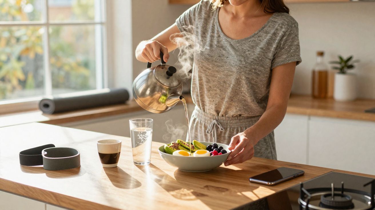 Pessoa despejando chá quente em tigela com frutas em cozinha iluminada e moderna.