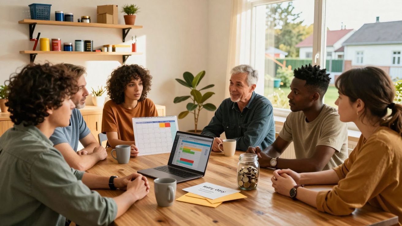 Grupo diversificado de pessoas discutindo planejamento financeiro ao redor de mesa com laptop e calendário.