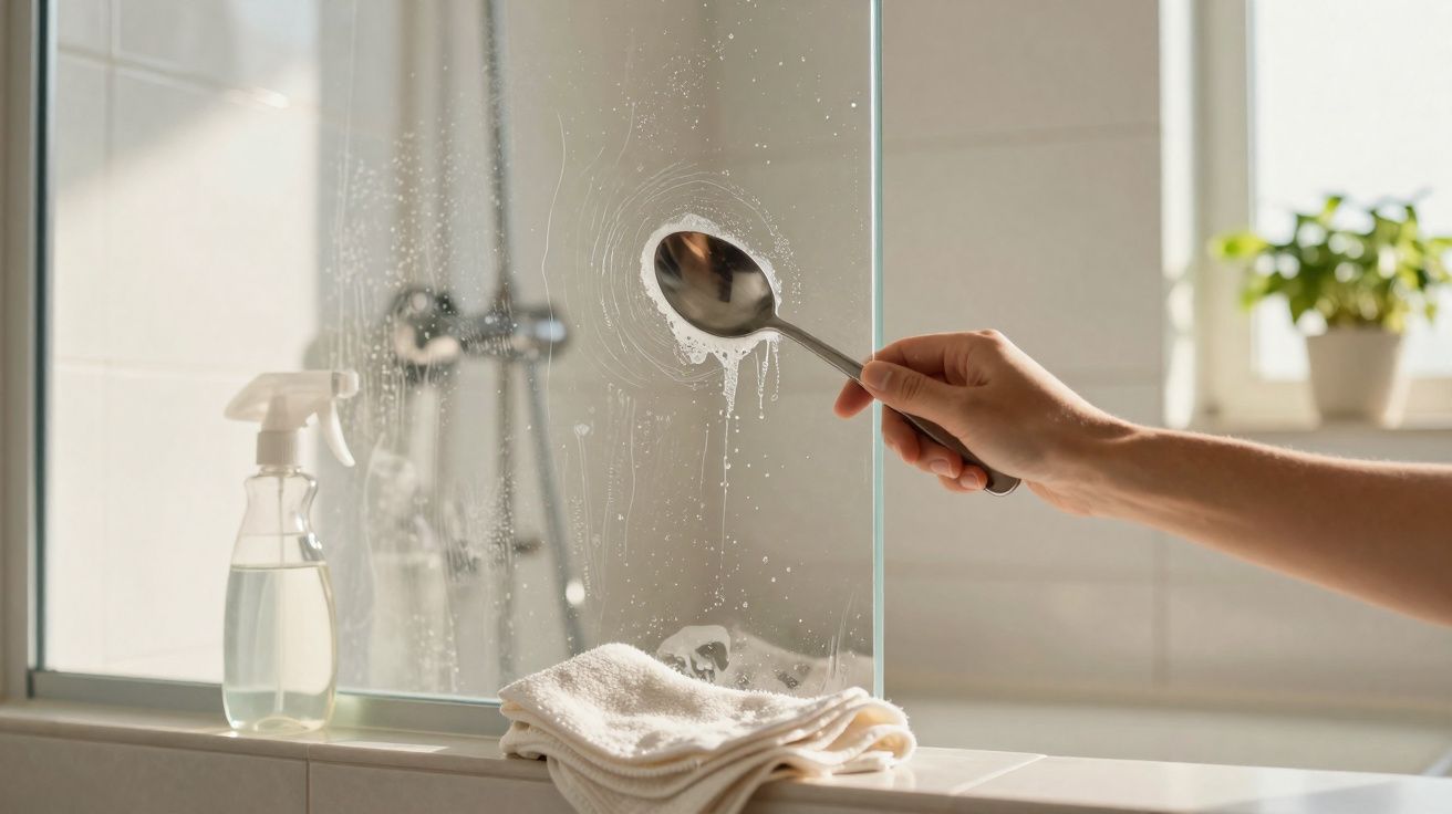 Mão limpando vidro de box do banheiro com colher, pano branco e frasco de spray ao lado.