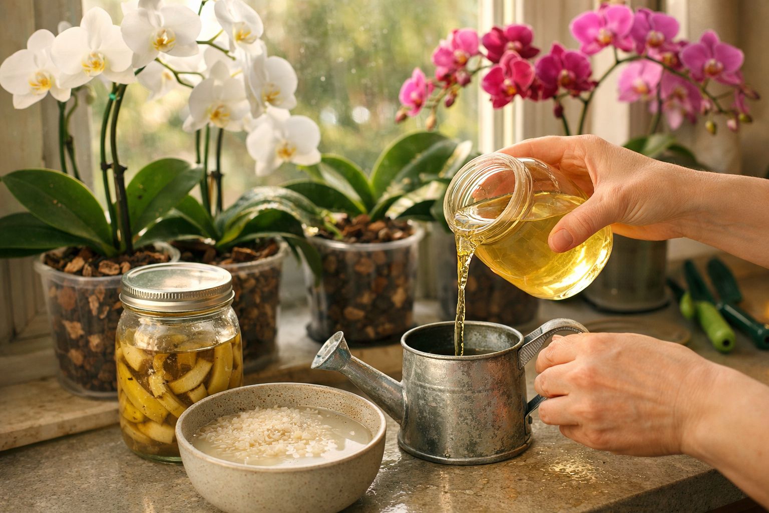Pessoa derramando líquido em regador metálico com orquídeas brancas e rosas ao fundo na janela.