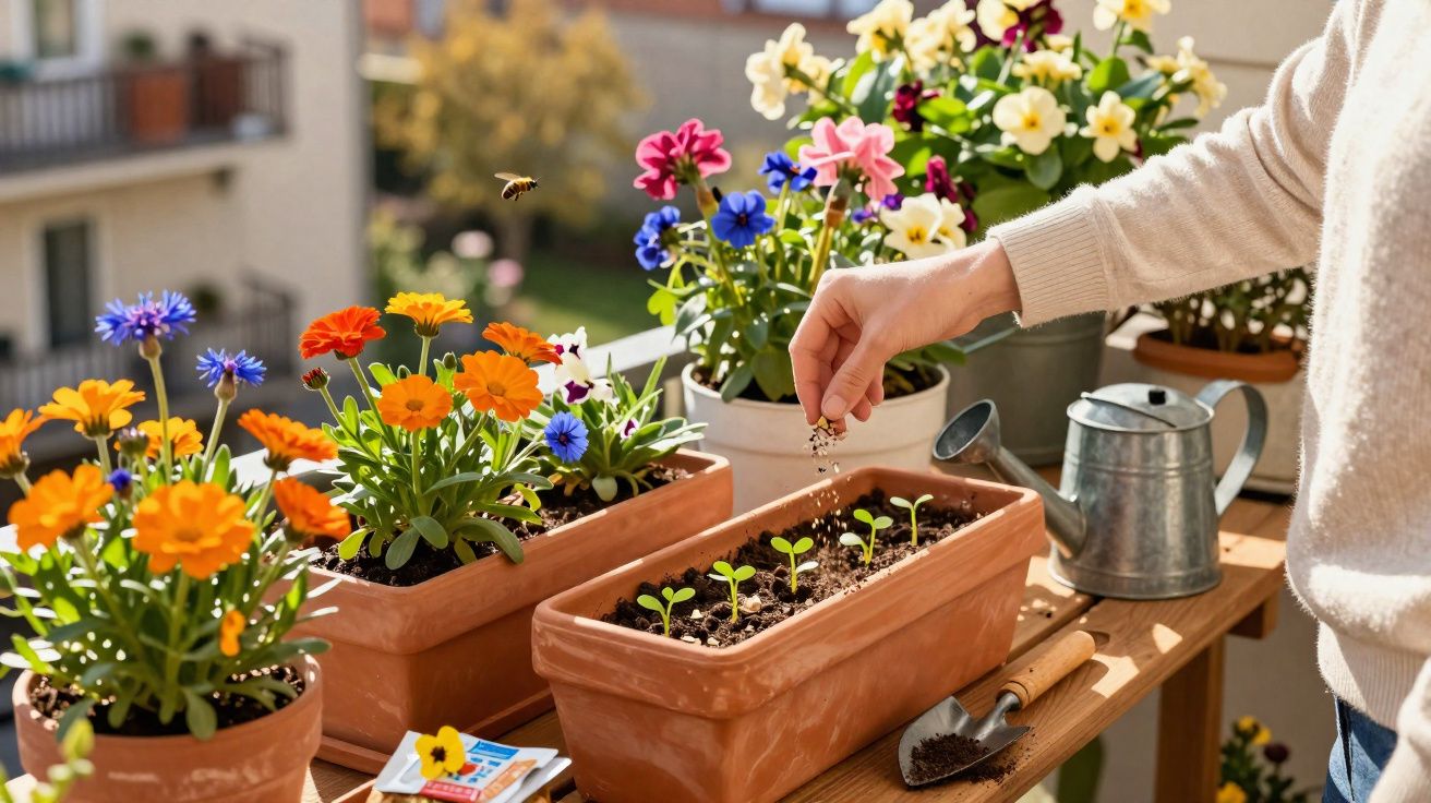 Pessoa plantando sementes em vasos com flores coloridas em varanda ensolarada.