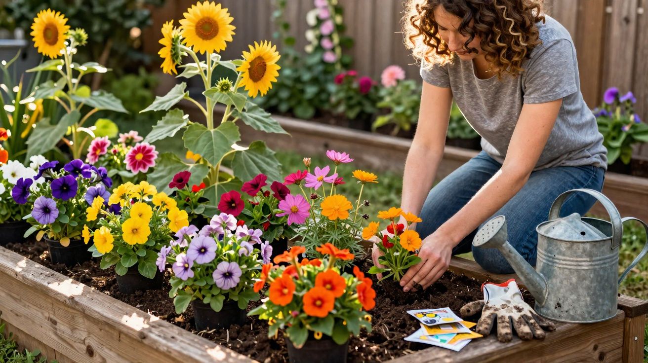 Mulher cuidando de flores coloridas em canteiro de madeira com regador e luvas ao lado.