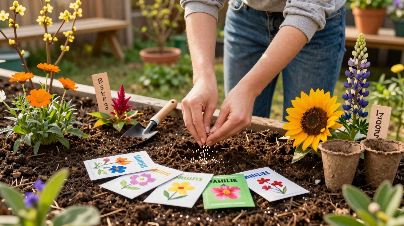Pessoa plantando sementes em canteiro com pacotes de sementes e flores ao redor.