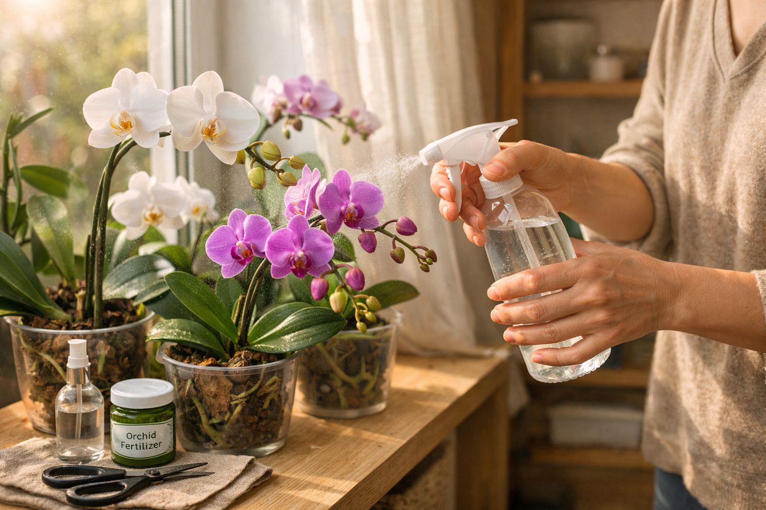 Pessoa borrifando água em orquídeas roxas e brancas em vasos sobre mesa de madeira perto da janela.