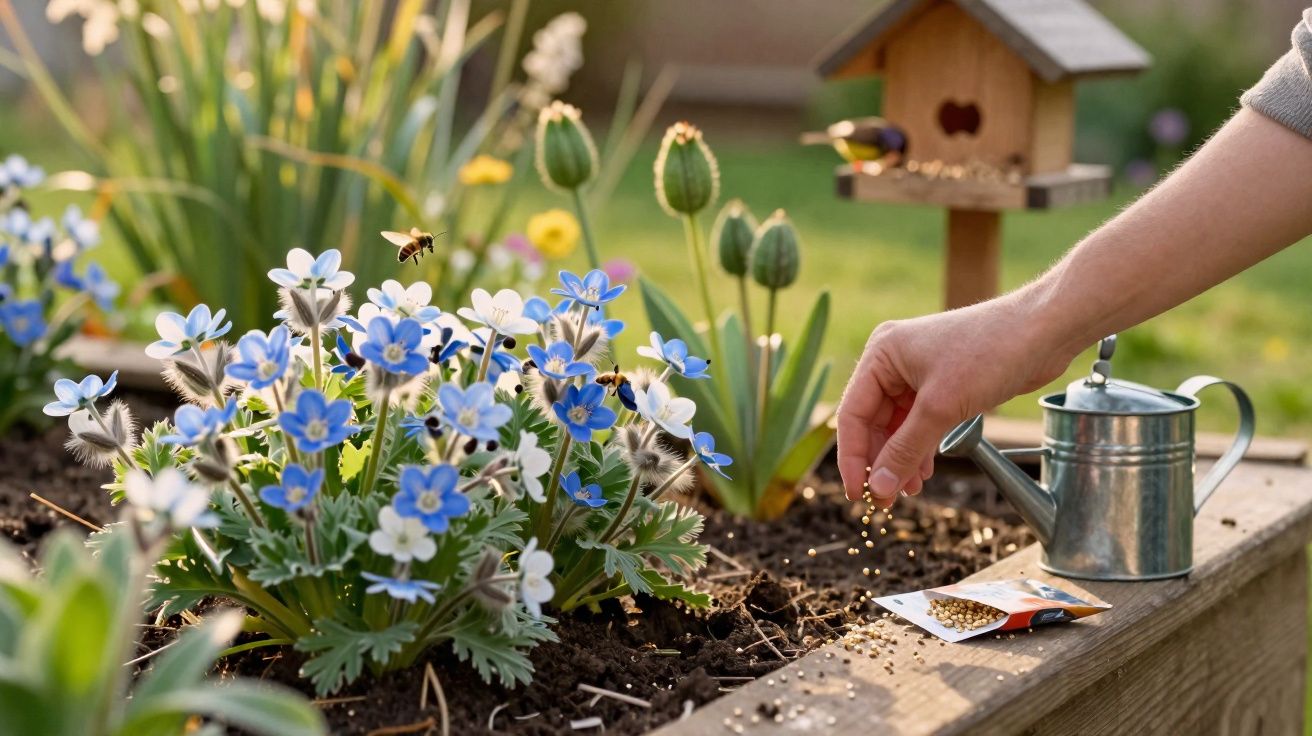 Mão semeando sementes em canteiro com flores azuis e brancas, regador e casa de passarinho ao fundo.