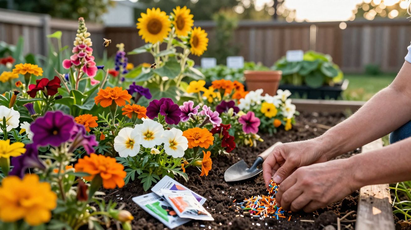 Pessoa plantando sementes coloridas em canteiro de flores variadas em jardim ao ar livre.