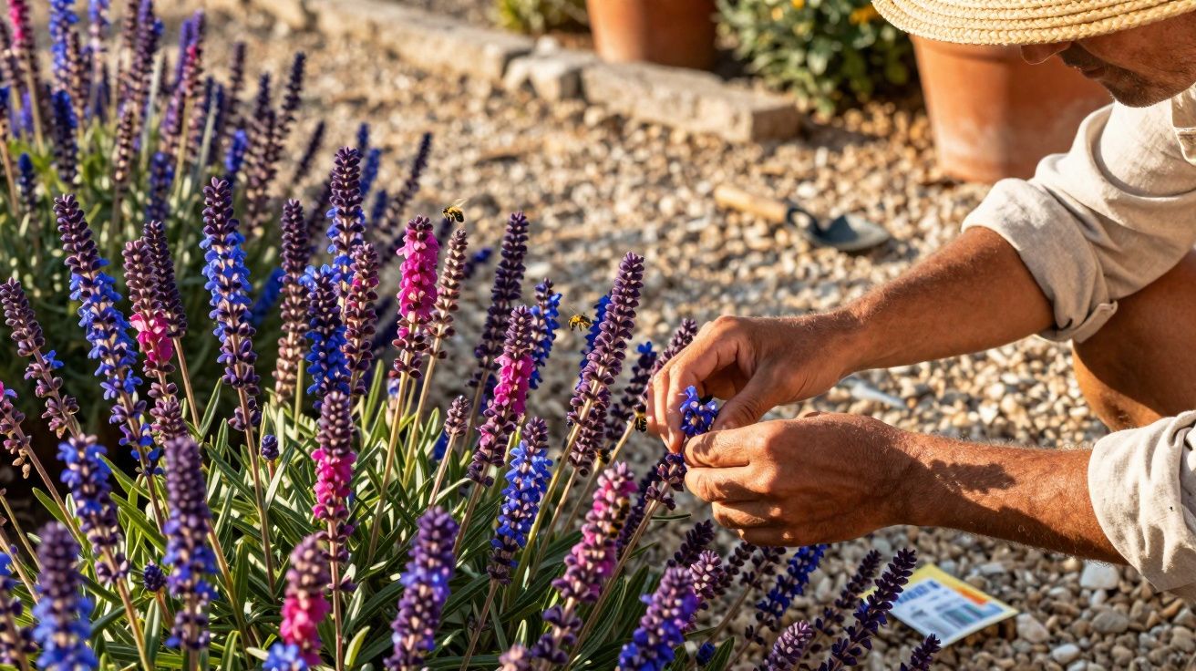Pessoa colhendo flores roxas e rosas em um jardim ensolarado com chão de pedrinhas.