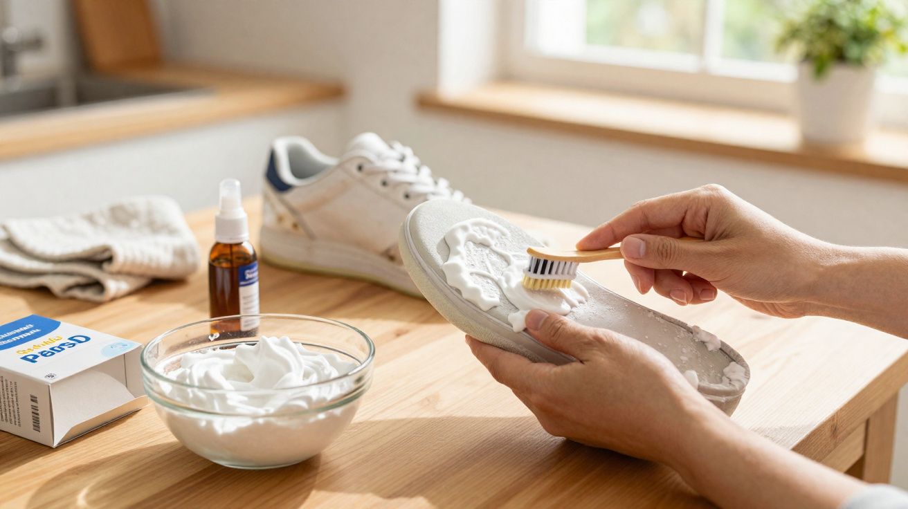Pessoa limpando solado de tênis branco com escova e produto de limpeza em mesa de madeira.