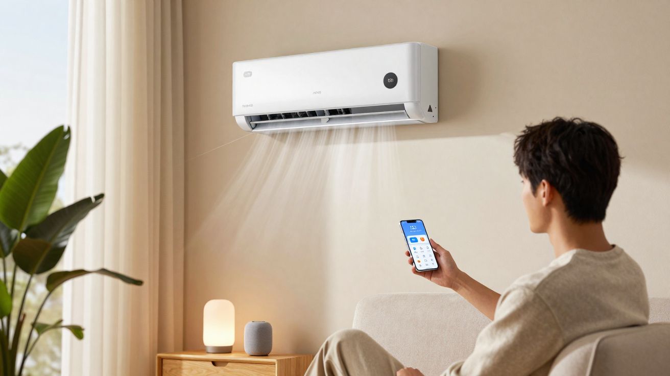 Homem sentado controla ar-condicionado de parede com smartphone em sala com planta e abajur aceso.