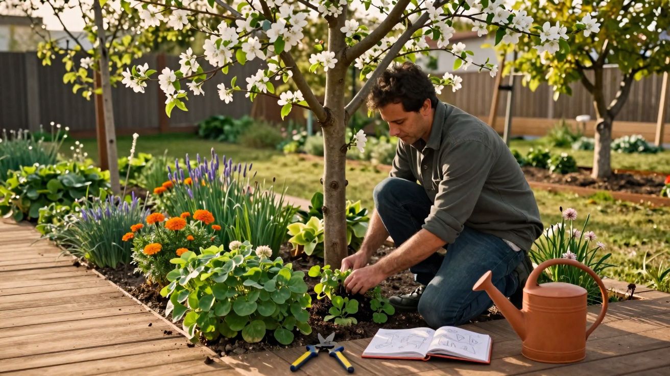 Homem cuidando de plantas em jardim florido ao lado de regador e ferramentas em dia ensolarado.