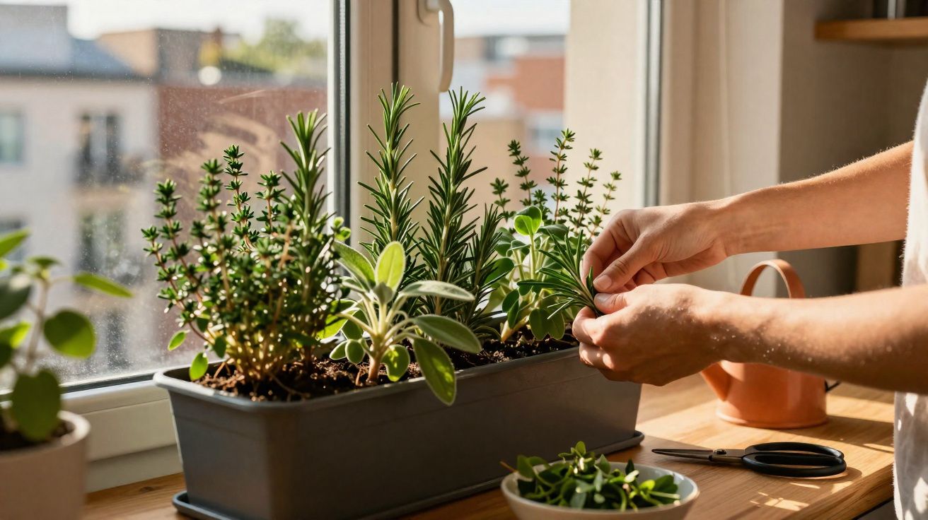 Mãos cuidando de ervas frescas em vaso na janela, com tesoura e regador ao fundo.