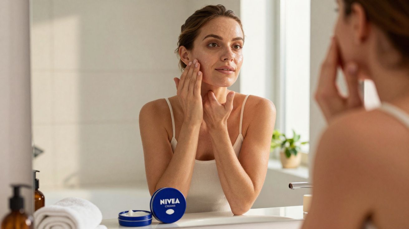 Mulher aplicando creme facial Nivea em frente ao espelho no banheiro branco com planta ao fundo.
