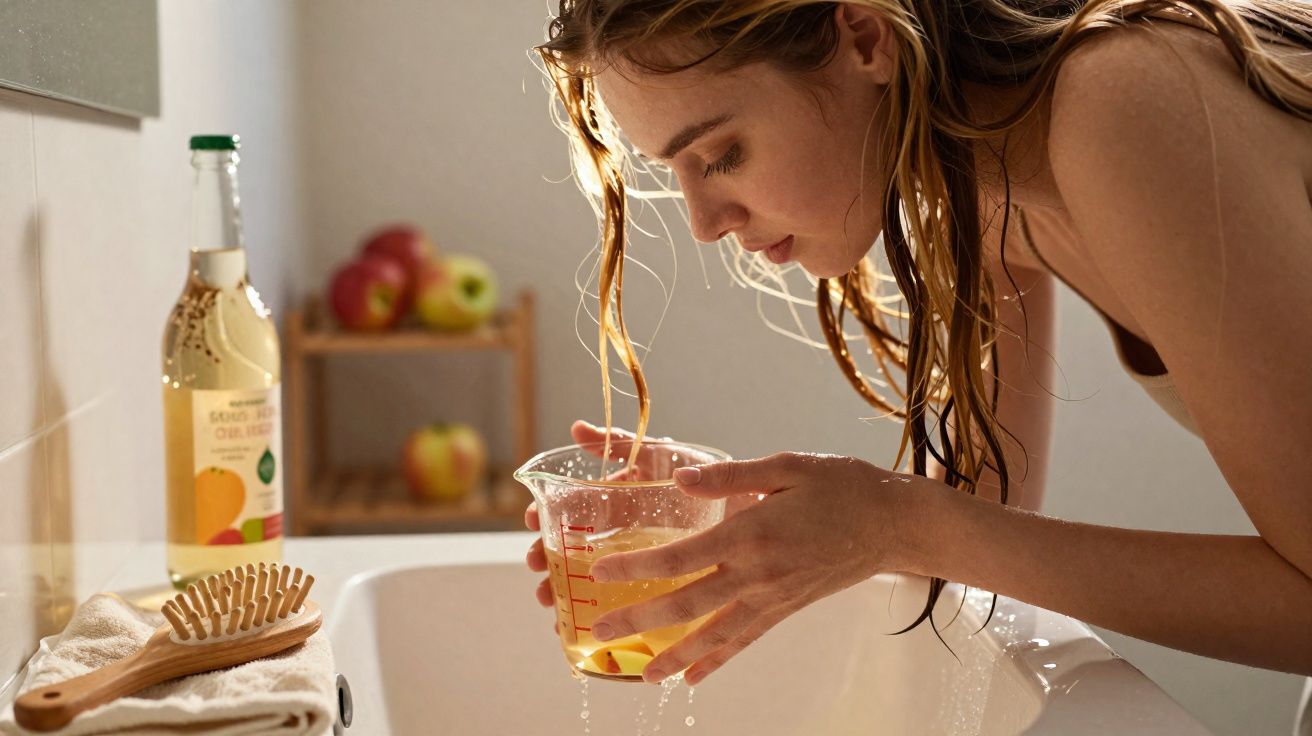 Mulher com cabelo molhado inclinada segurando copo medidor cheia d’água na pia de banheiro.