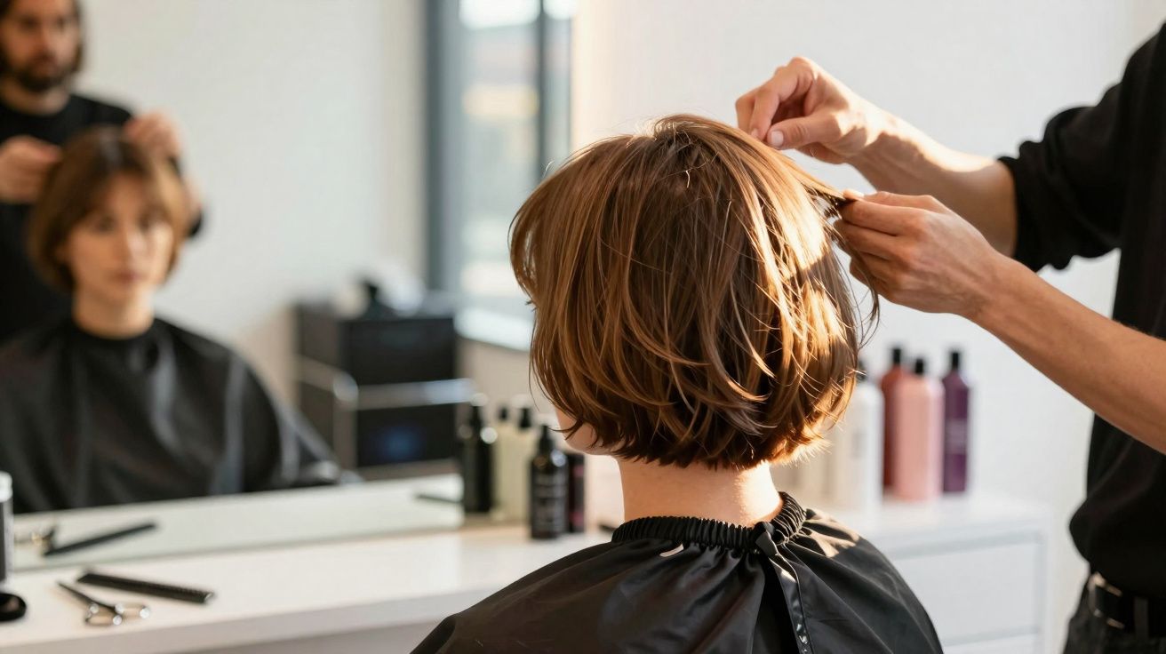 Pessoa cortando cabelo curto em salão, vista de costas e reflexo no espelho frontal.