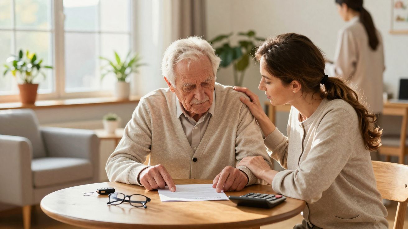 Homem idoso e mulher jovem discutindo documentos sentados à mesa em ambiente claro e acolhedor.