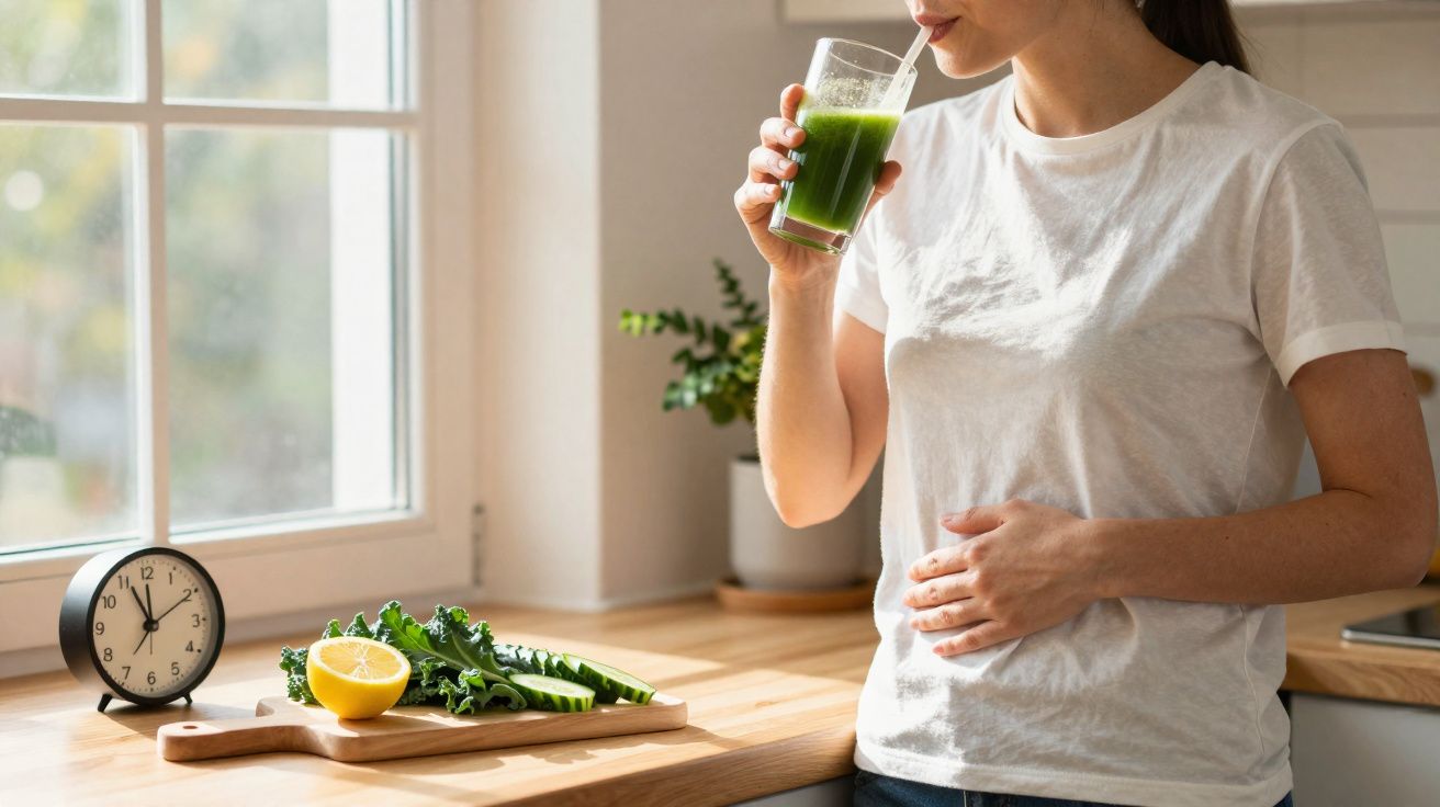 Mulher com camiseta branca bebendo suco verde em copo e segurando a barriga em cozinha iluminada.