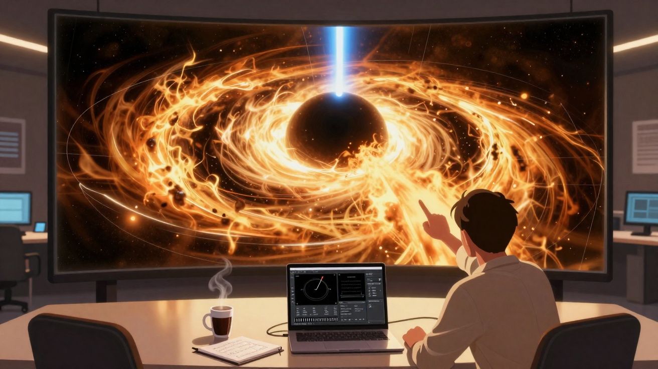 Pessoa observando imagem de buraco negro com disco luminoso em grande tela curva em sala de controle científica.