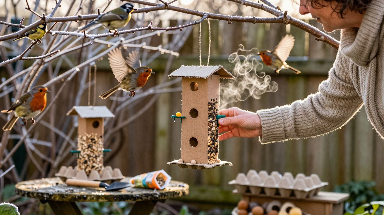 Pessoa alimenta pássaros em comedouro suspenso no jardim durante dia frio de inverno.