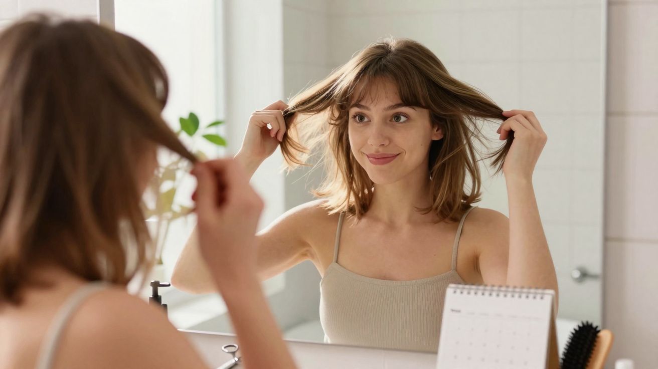 Mulher jovem olhando no espelho enquanto levanta os cabelos com as mãos em um banheiro iluminado.