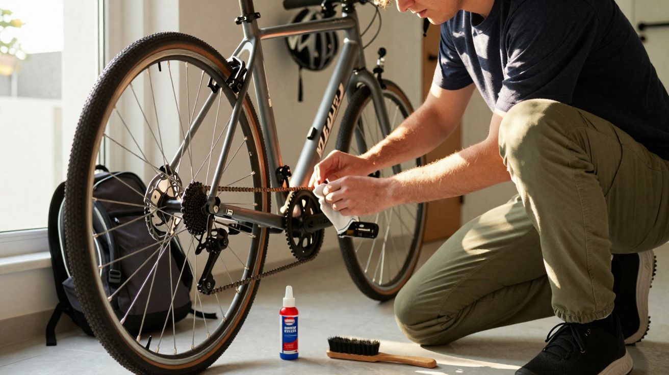 Pessoa limpando a corrente de uma bicicleta cinza dentro de casa, com escova e óleo no chão.
