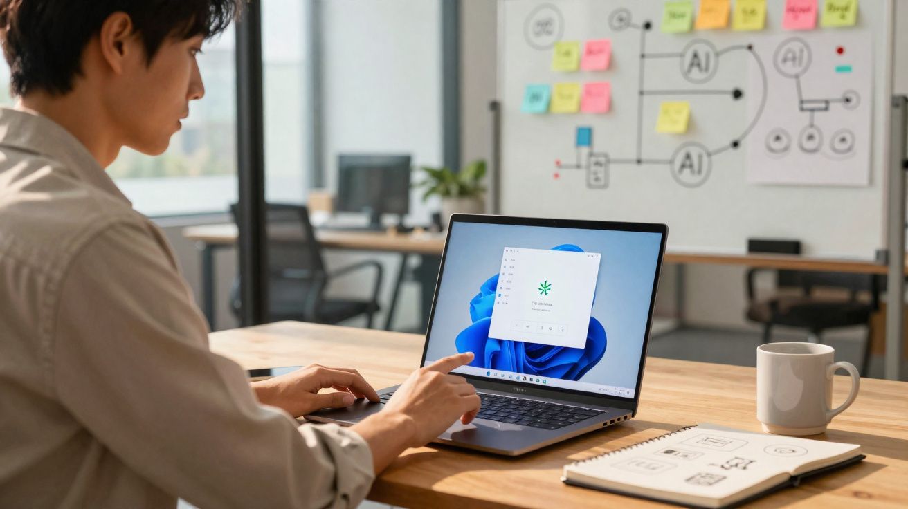 Pessoa trabalhando em laptop com tela do Windows 11 em mesa com caderno, caneca e quadro de planejamento ao fundo.