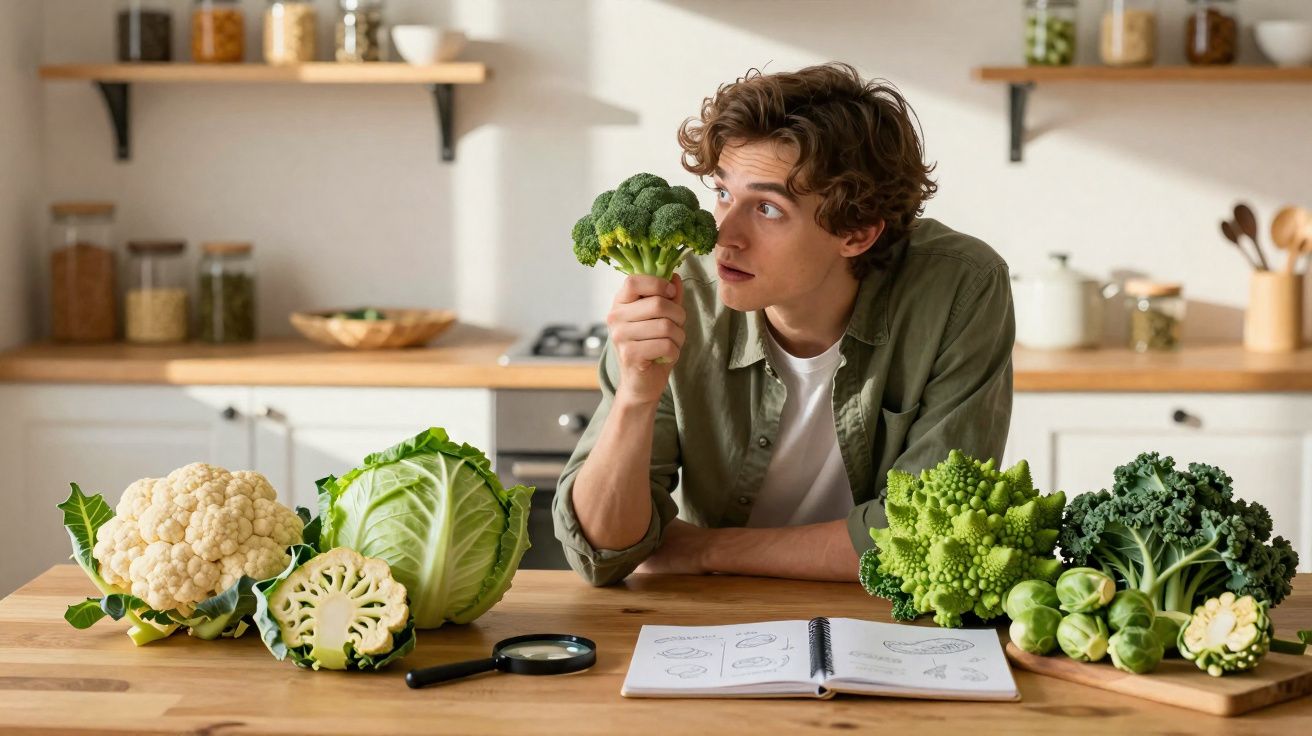 Homem segurando brócolis e observando várias verduras sobre mesa de cozinha com livro aberto e lupa.