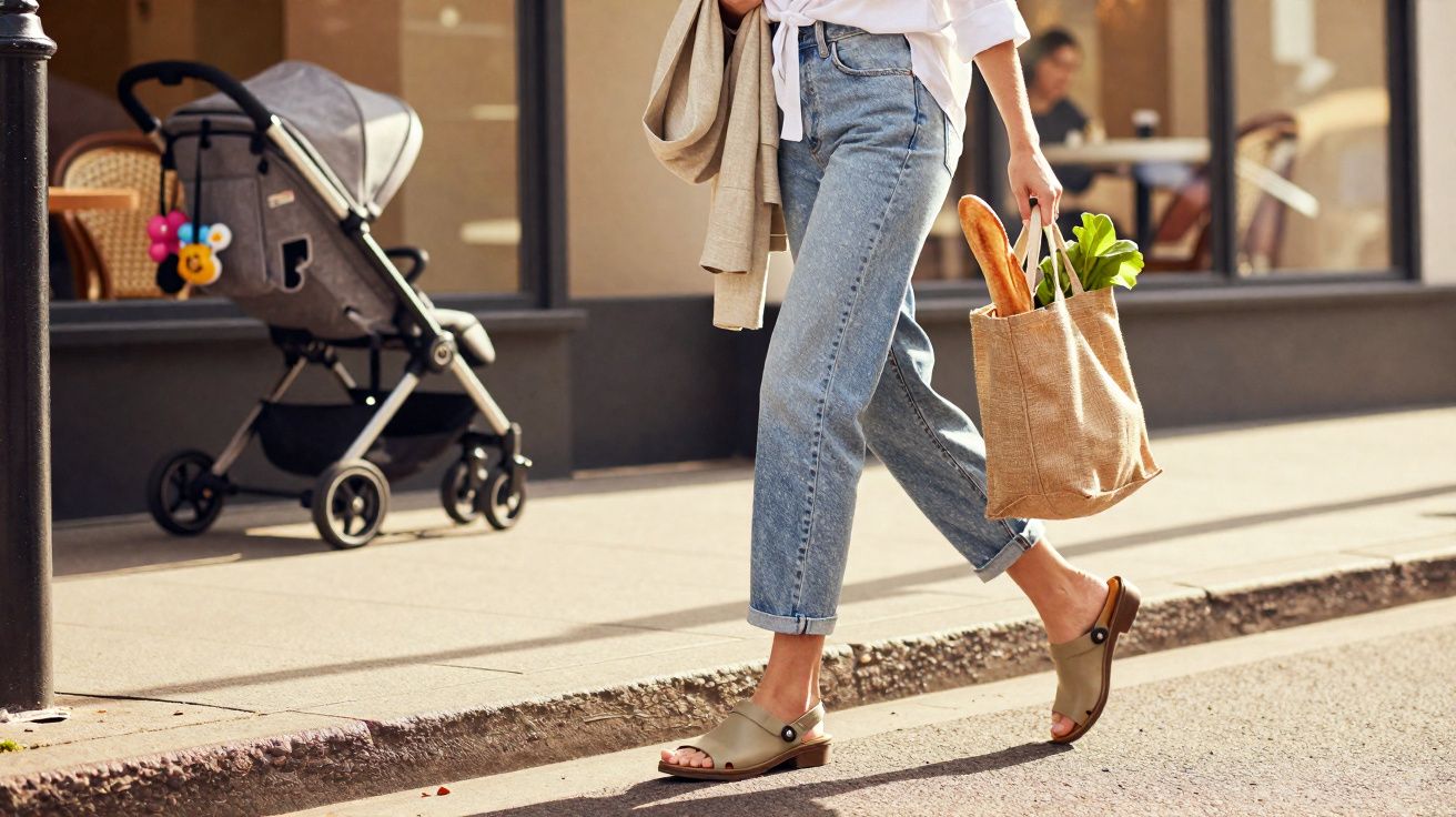 Pessoa caminhando com sacola de compras e carrinho de bebê estacionado na calçada ao fundo.