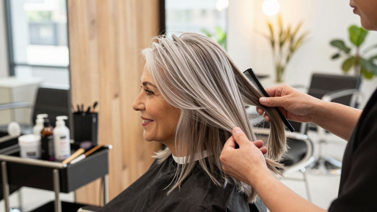 Mulher sorridente com cabelo grisalho sendo penteada em salão de beleza moderno e iluminado.